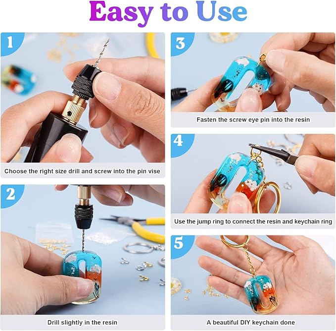 LET'S RESIN Electric Drill, 74Pcs Hand Drill with 3-Jaw Clamp-Applicable to A Larger Drilling Range (0-3mm), Grip Nose Pliers, Keychain Making Kit, Jewelry Making Kit, Jewelry tools, for Resin