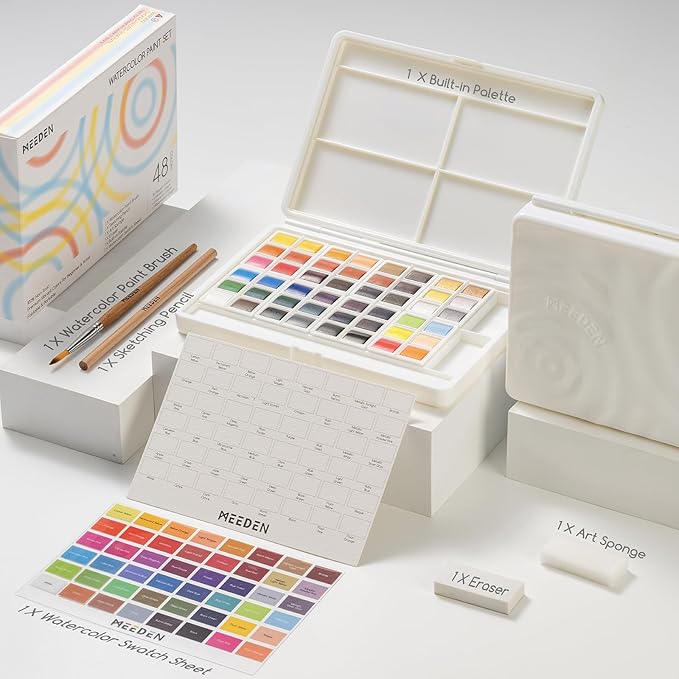 MEEDEN Watercolor Paint Set 48 Colors in Portable Box, Paint Kit with Brush, Palette, Art Supplies, Customizable Color Blocks, Bright Watercolors Travel Set for Adult Teens Beginner Amateur Artists