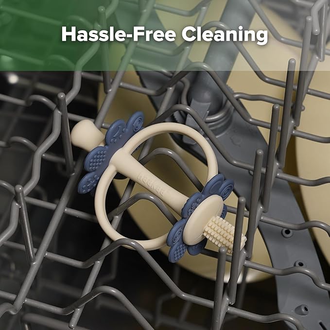 haakaa Silicone Teething Toy,Nipple-Shaped End for Gum Massage,360° Baby Toothbrush Head for Self-Brushing Training,Easy to Grip-Steel Blue