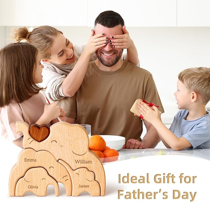 Wooden Elephant Family Puzzle, Personalized Puzzles with 2–5 Names, Father's Day Mother‘s Day Personalized Gifts for Mom Dad Kids Teen Boys Girls Grandma, Toddler Men Birthday