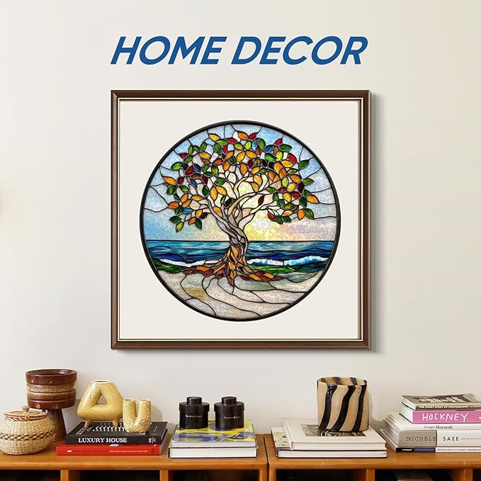 Ruikiyart Wooden Puzzles for Adults, 5MM 500 Pieces Coast Tree Wooden Jigsaw Puzzles, Tree of Life Puzzle Unique Shaped for Adults and Kids on Birthday, Christmas Family Puzzle Games (16.5"*16.5")