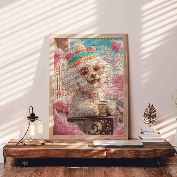 Cute Bichon Frise Wearing Glasses Jigsaw Puzzles for Adults 1000 Pieces,Balcony Animal Drink Coffee Jigsaw Puzzle Art 20 X 27 in DIY Puzzles for Home Decoration Family Puzzle Perfect for Game Nights