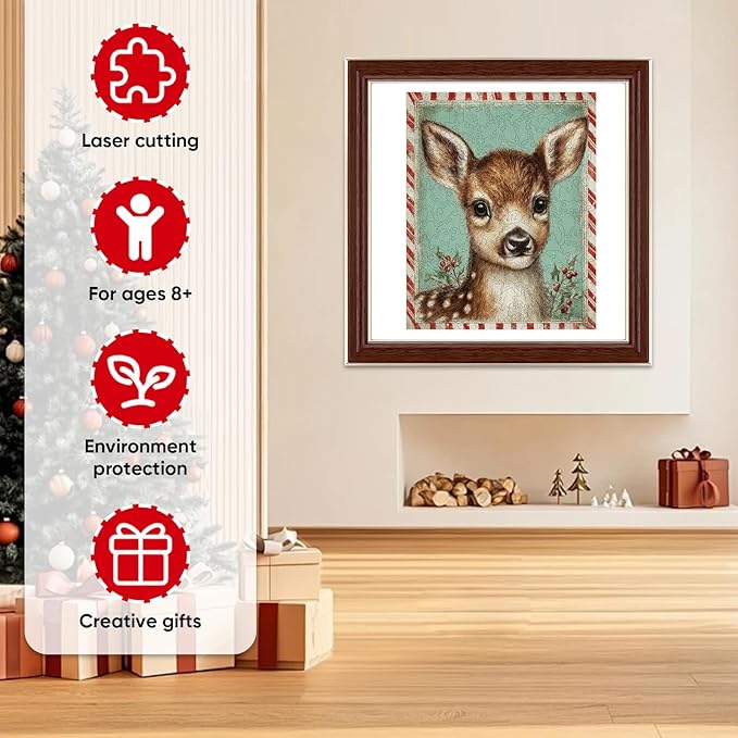 Christmas Deer Wooden Puzzles for Adults - 500 Pcs,13.3"×16.7", Picture Frame Fawn Educational Holiday Puzzle with Special Shapes, Stress Relief Family Game Night & Home Decor