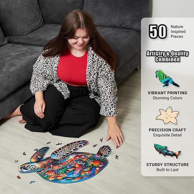 LEOGOR Wooden Jigsaw Puzzles for Adults 500 Pieces (25.2 x 16.4 in), Sea Turtle Puzzle, Extra-Thick 5mm Wood, Colorful Marine Life Design, Unique Gift and Interesting Challenge for Adults and Teens