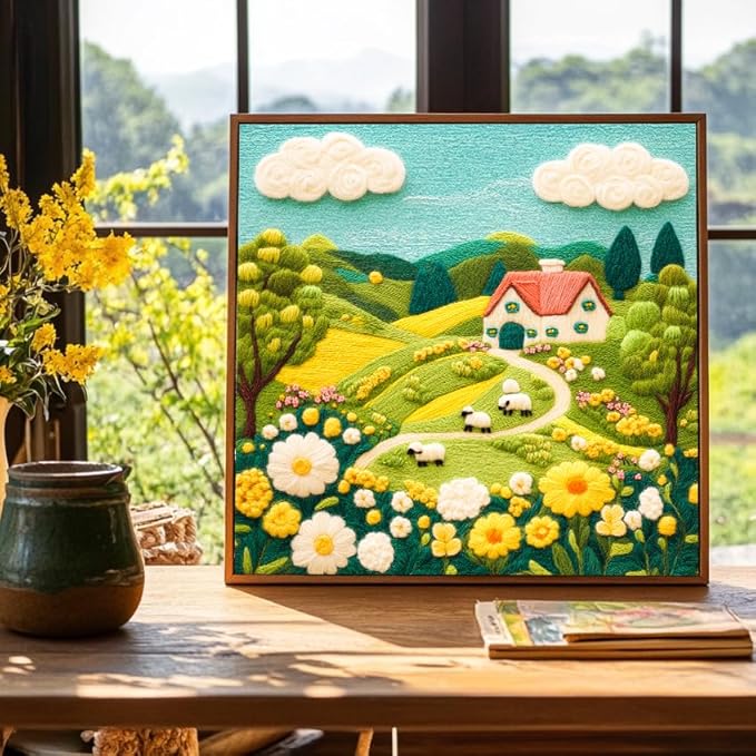 Bgraamiens -Felted Farm Land-1000 Pieces Farm Land Puzzle for Adults,Whimsical Embroidery Art Design, Flowers Art Puzzle