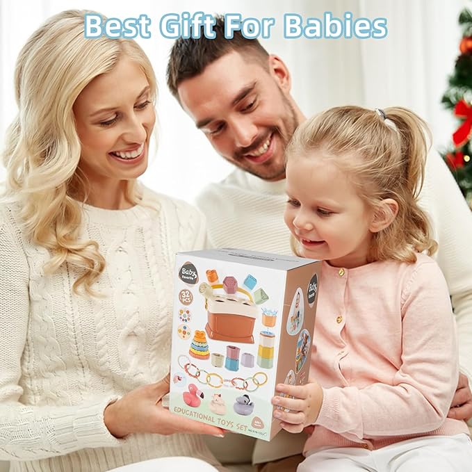 Shape Sorters Baby Toys 5 in 1 Montessori Toy for 6-48 Months Stacking Cups,Rings Toy Links,Soft Stacking Rings,Blocks Set,Soft Animals Toys Shape Sorters for Toddlers 1-3