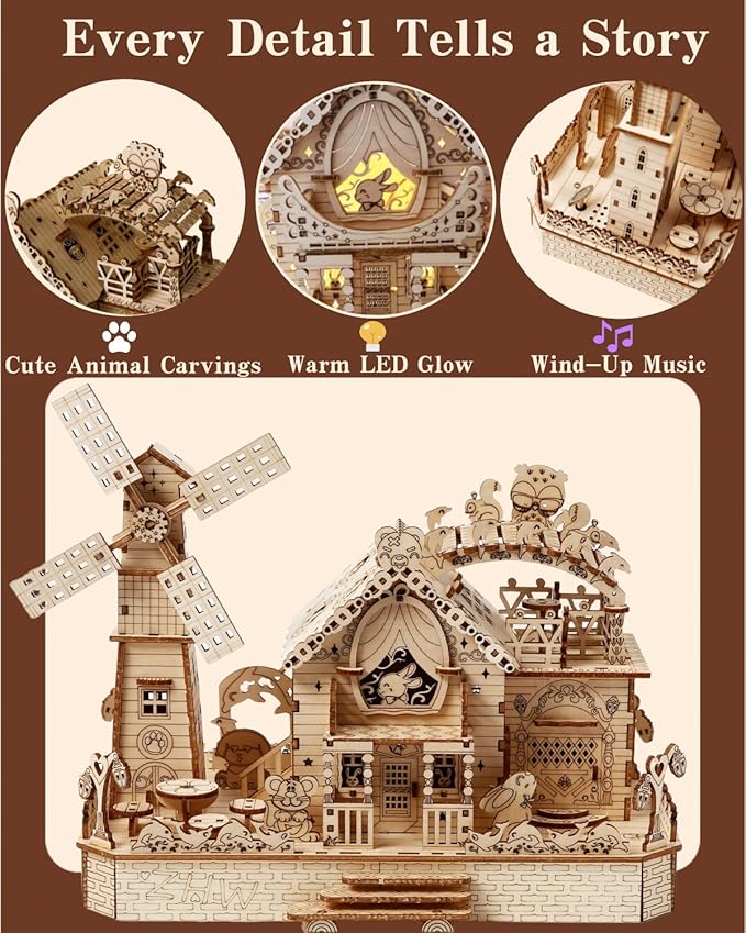 3D Wooden Puzzle Cottage with Rotating Windmill – DIY Mechanical Model Kit with Animal Miniatures, Creative Gift & Home Decor for Adults & Teens
