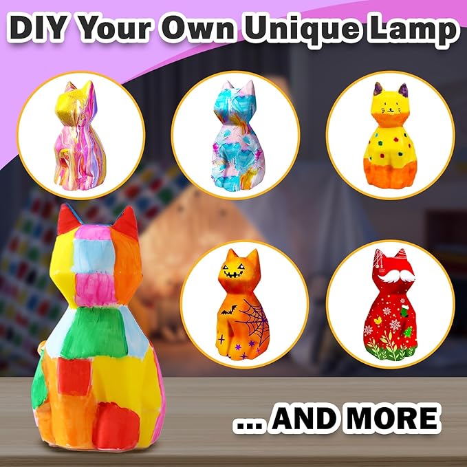 FUNZBO Paint Your Own Cat Lamp Kit - Arts and Crafts Supplies, Toys for Ages 8-13, Crafts for Girls 8-12, Painting Kits for Kids Teens Adults, DIY Toy for Toddler 3 4 5 6 7 9 10 11 + Birthday Gifts