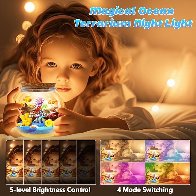 Ocean Light Up Terrarium Kit for Kids - LED Night Light Ocean Birthday Gift for Girls & Boys Ages 4 5 6 7 8-12, Kids Arts & Crafts Kit