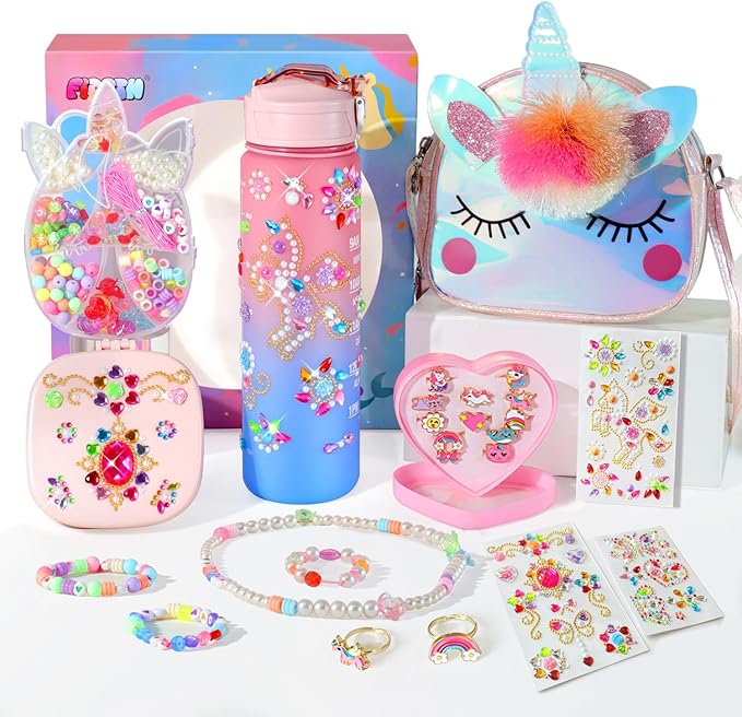 Unicorn Toys Gift for Girls Age 4 5 6 7 8 9, Bracelet Making Kit, Decorate Unicorn Water Bottle, Birthday Gift Box for Little Girls, Daughter, Granddaughter