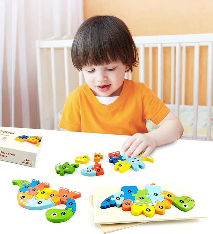 4-Pack Wooden Puzzles for Kids Ages 3-5, 3 Dinosaurs and an Animal Puzzles, Ideal Gift for Toddler