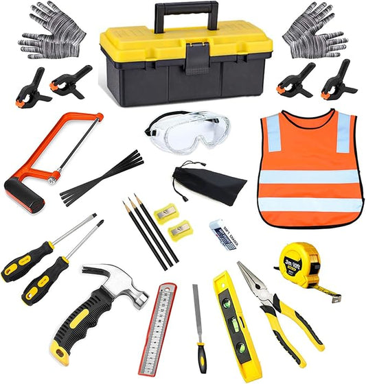 Kids Real Tools Set,Woodworking Tool Set,30 PCS Builder Children Real Hand Tools Kit Construction Learning,Home DIY Play for Boys & Girls Beginner Learning Gift,Come with Tool Box