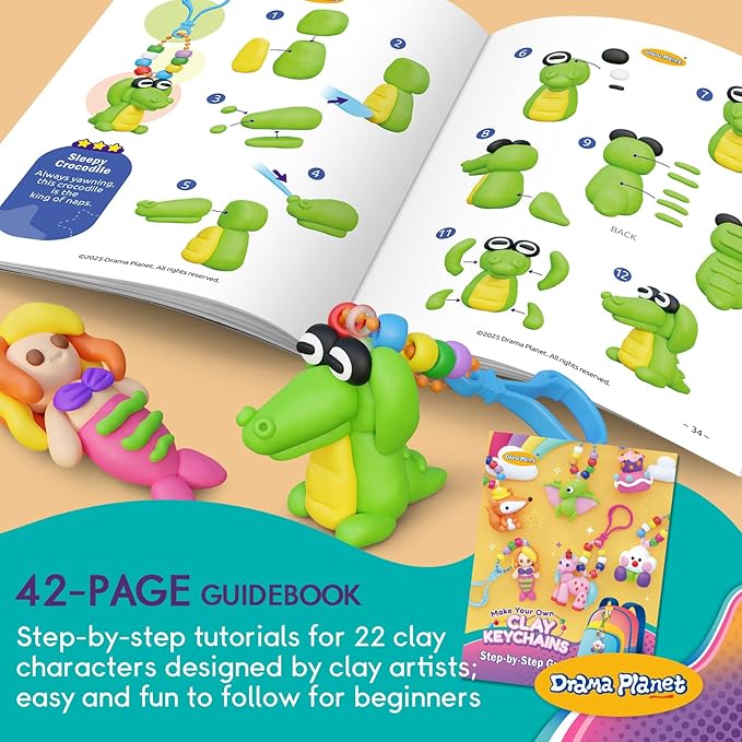 Drama Planet Make Your Own Clay Keychains – Air Dry Clay Craft Kit for Kids Ages 6 and Up, Create 8+ Charms and Bag Decorations, Great Gift for Girls and Boys