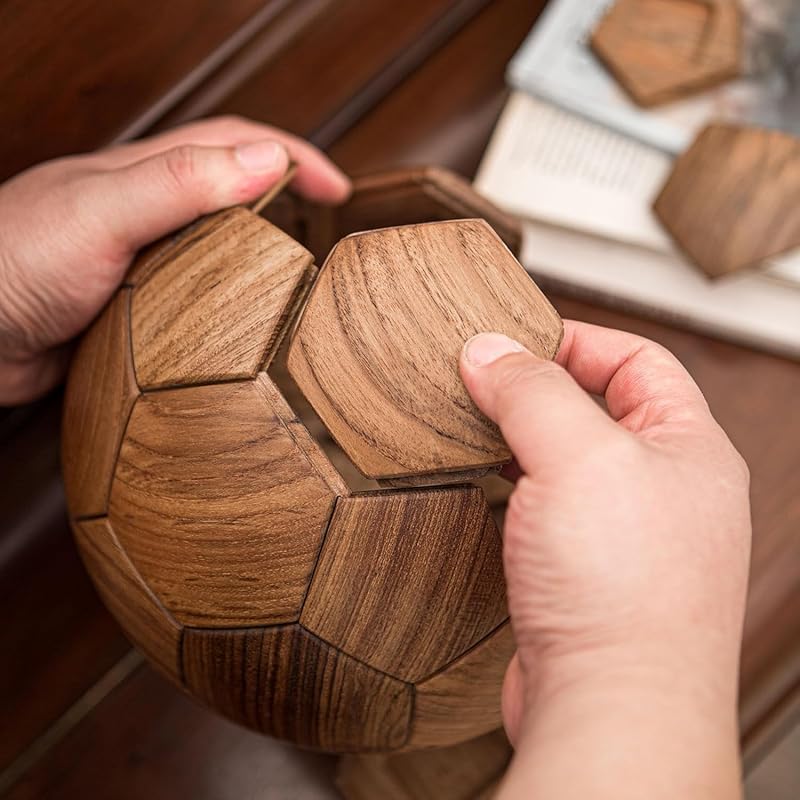 3D Wooden Soccer Puzzle, Handmade DIY Football Puzzle Gift for Kids, World Cup Souvenirs, Luxury Home Decoration Ball Ornaments, Decor for Bedroom, Living Room, Office - Solid Teakwood