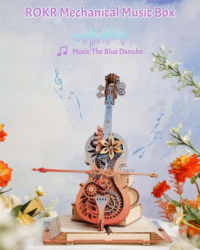 ROKR 3D Puzzles for Adults, Wooden Music Boxes-Cello, Model Kits for Adults, DIY Building Sets, Birthday Gifts Hobbies for Women Men