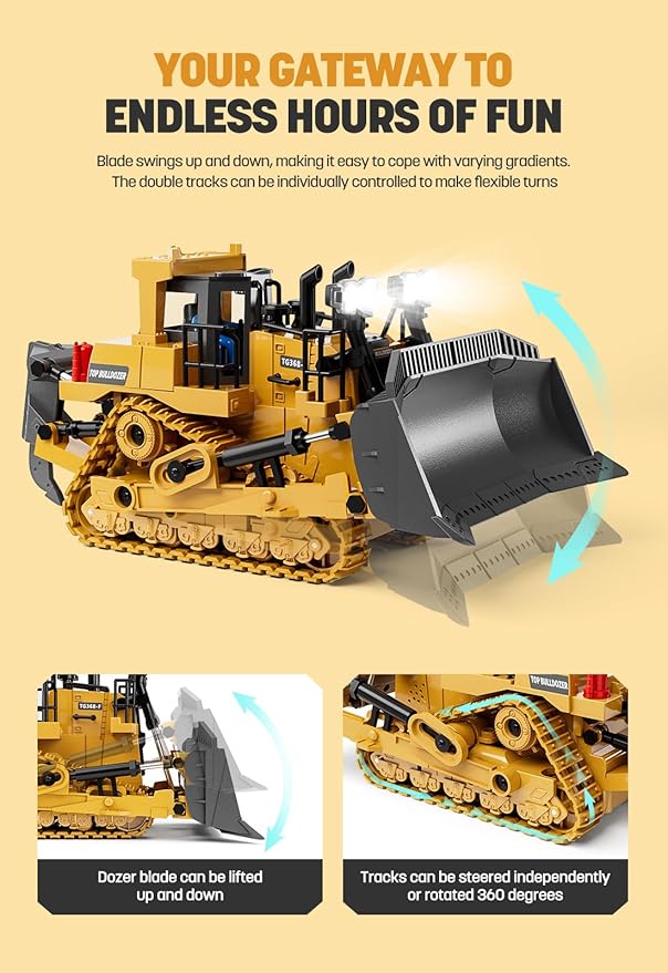 Remote Control Bulldozer Toys for Boys, Remote Control Bulldozer with Metal Dozer Blade, Toys for Boys 3-5 4-7 8-12 Year Old Kids Christmas Birthday Gift