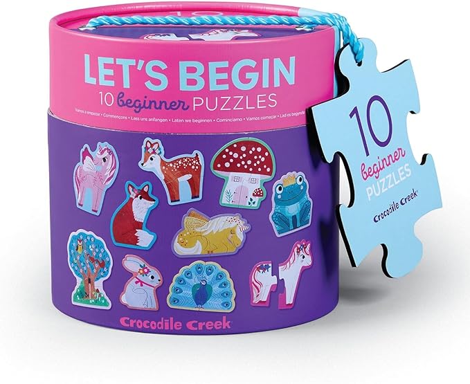 Crocodile Creek Let’s Begin Puzzle - Ten 2-Piece Beginner Puzzles for Ages 2 and Up - Heavy-Duty Storage Canister with Handle - Colorful Unicorns Design - Each Puzzle is 6" L x 4" H Finished