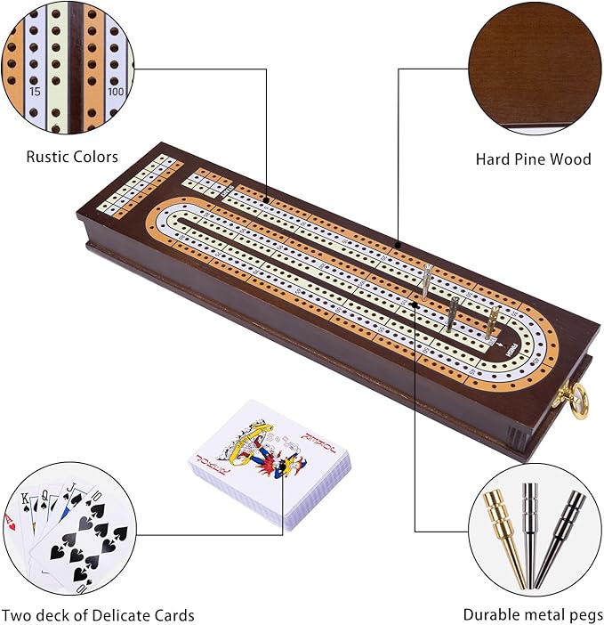 Wooden Cribbage Board Game Set,Traditional Cribbage Board Game,Solid Wood,3 Track Cribbage Board, 9 Metal Pegs,2 Decks of Playing Cards,Fun Table Game,Game Night, Travel (Manual Included)