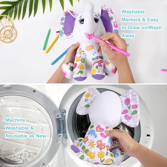 Coloring Plush Toy with 5 Washable Markers for Little Girls Doodle Dolls for Kids Ages 4-6 Birthday (Elephant)