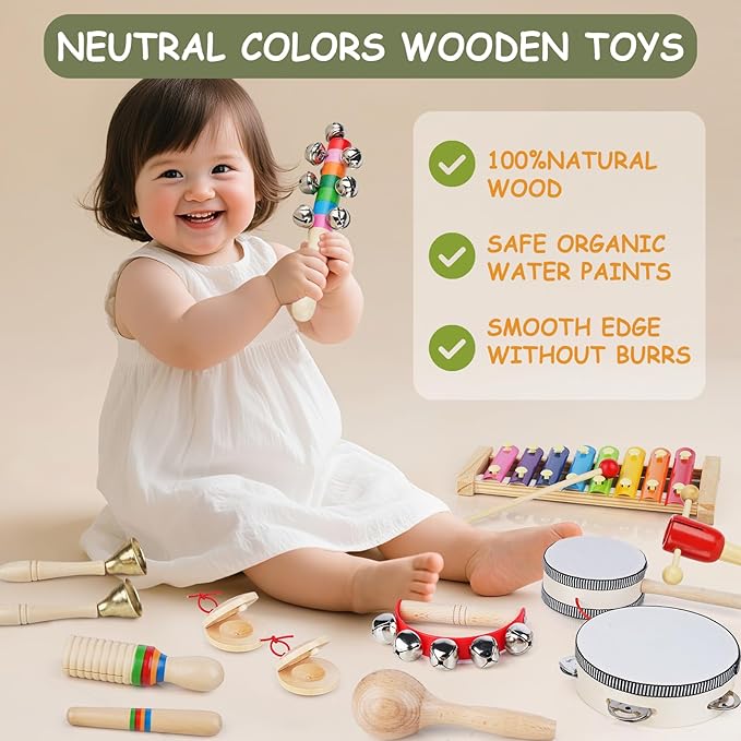 Hayder Baby Musical Instruments Set, 12 Pcs Wooden Montessori Musical Toys for Toddlers 3+ Years Old, Kids Percussion Instruments Toy