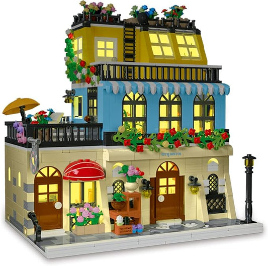 City Hotel Architecture Building Kit with Lights,3 Levels Garden Hotel Model Building Blocks Toy,for 12+Age Teen,Adult（1464 Pieces）