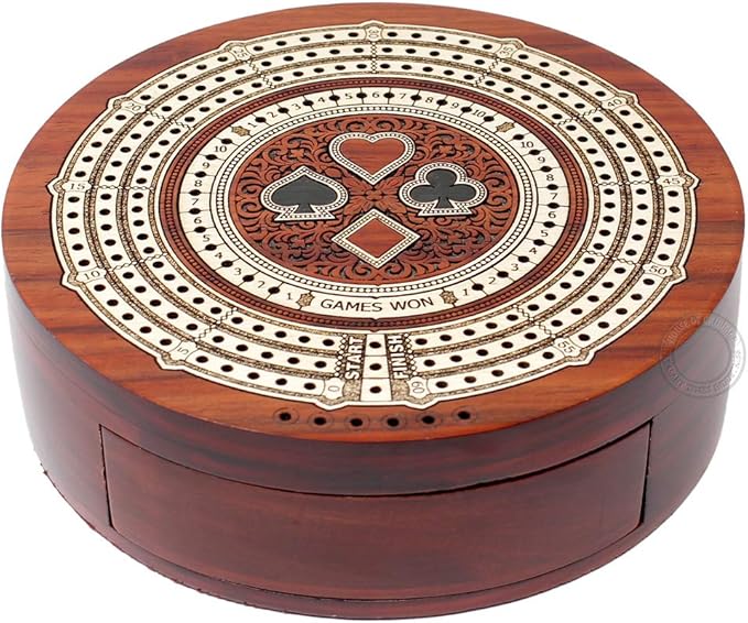 House of Cribbage - Round Shape 3 Track Non-Continuous Cribbage Board - Push Drawer Storage for Pegs and 1 Deck of Cards with Score Marking Fields for Won Games (Bloodwood/Maple Wood)