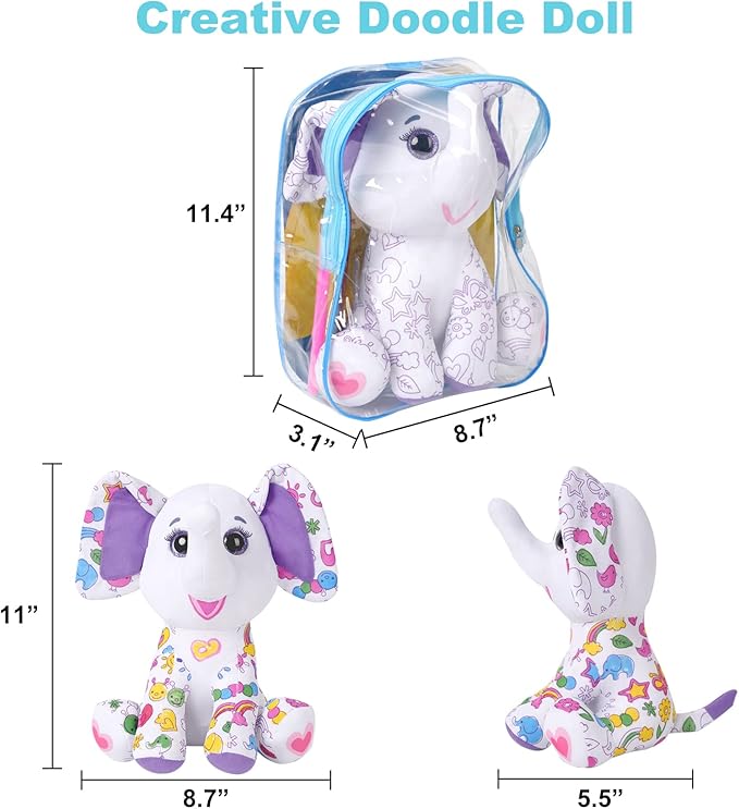 Coloring Plush Toy with 5 Washable Markers for Little Girls Doodle Dolls for Kids Ages 4-6 Birthday (Elephant)