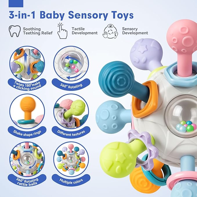 Baby Sensory Teething Toys Set, Montessori Baby Toys 6-12 Months, Incl Newborn Rattle Teether & Baby Blocks & Soft Stacking Rings, Ideal Babies Boy Girl Gifts, Infant Toys 0-3-6-9-12-18 Month