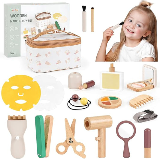 Montessori Makeup Kit - Toys for 2 Year Old Girls Birthday Gifts, Wooden Pretend Play Set for Toddler Girls 2-4 - Beauty & Hair Salon Toys, Christmas & Birthday Gifts for Kids 3-5
