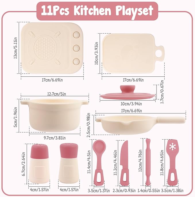 TYRY.HU Play Kitchen Accessories, 11Pcs Pretend Play Toys, BPA Free Silicone Play Kitchen Set, Pretend Play for Toddlers 1-3, Play Kitchen Cooking Utensils Pots & Pans, Learning Gifts for Kids, Pink