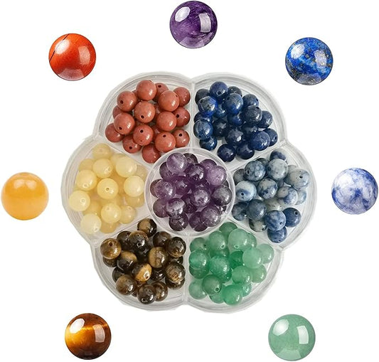 140pcs 7 Chakra Natural Stone Round Beads Crystals Energy Healing Genuine Real Stone DIY Charm Smooth Beading for Bracelet Necklace Earrings Jewelry Making(8mm,7 Chakra Color)