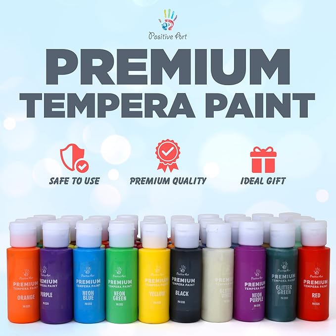 Kids Tempera Paint Set | Value Pack Includes 40 Washable Non-Toxic Colorful Paints (2oz bottles) & 15 Brushes | Metallic, Neon, Glow In The Dark, Glitter Paints | Paint For Arts & Crafts, Fun Projects