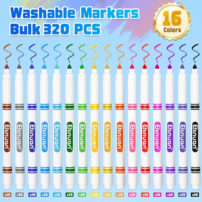320 Count Washable Markers Bulk, 16 Assorted Colors, Colored Thin Marker with Conical Tip, Washable Markers for Kids, Bulk Marker for Classroom, School Art Supplies for Students Teachers