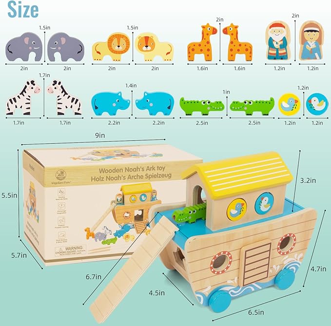 Toddlers Wooden Noah's Ark Toy Animal Playset, Shape Sorter Early Learning Montessori Toys, Baptism Gifts for 3 Boys Girls Kids