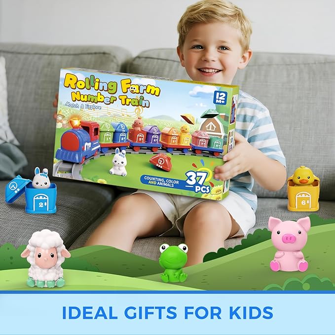 Train Set Toddler Learning Toys for 1 2 3 4 Year Old Boy Girl - Montessori Electric Train Set with Counting Matching & Sorting Activity with Farm Animals, Finger Puppets, Christmas Birthday Gift 2-4