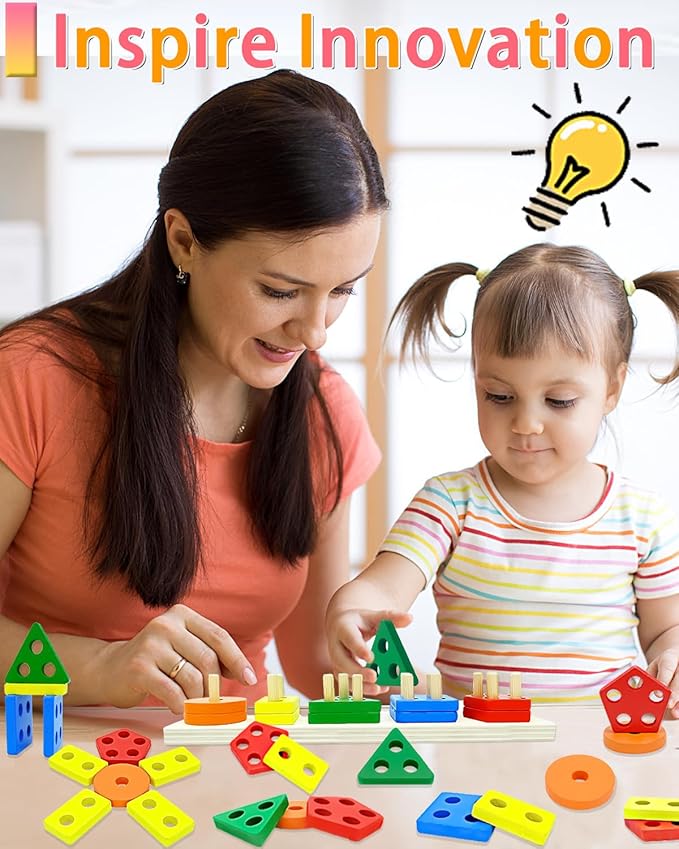 Montessori Toys for 1 2 Year Old Boys Girls, Toddler Toys for Age 1-2,1 2 Year Old Birthday Gifts, Wooden Blocks Sorting & Stacking Education Learning Toddler Puzzles Toy