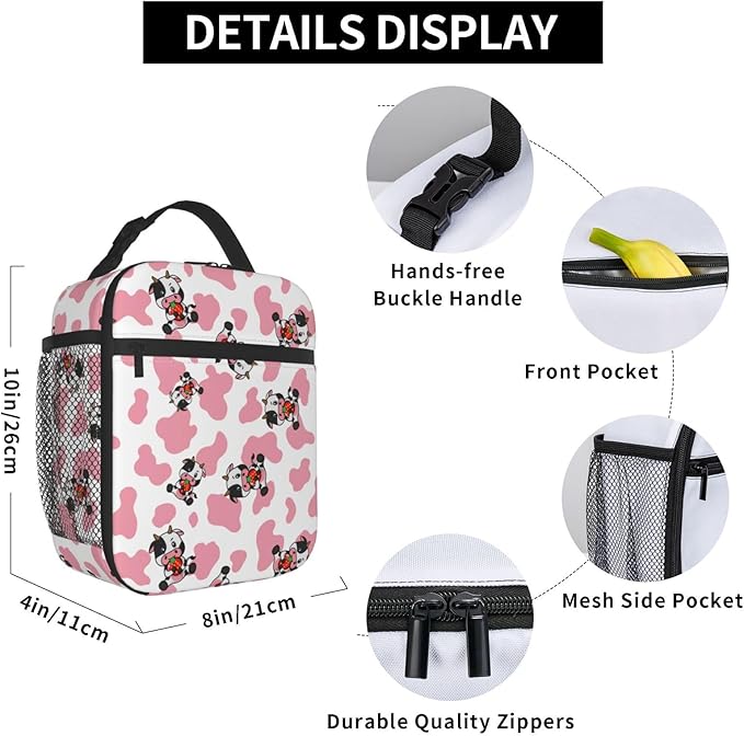 Strawberry Pink Cows Print Reusable Lunch Box Food Bag Insulated Lunch Bag for Teenage Boys Girls School Beach