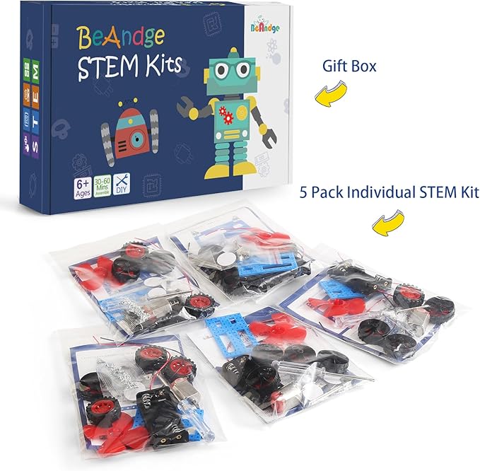 5 Set Individual STEM Kit for Kids, 2nd Grade Boy Toys Bulk Gifts, 1st First Graders Boys Gift Ideas, Classroom Science Kits Craft Projects Class Activity, Robot Wind Powered Car Building Activities