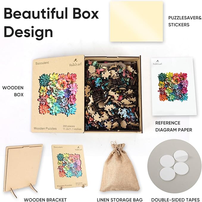 Ruikiyart Wooden Puzzles for Adults,5MM 200 Pieces Succulent Wooden Jigsaw Puzzles,Plant Unique Shaped Puzzle Gifts for Adults and Kids on Thanksgiving,Challenging Family Puzzle Games(11.2'' x 11.1'')