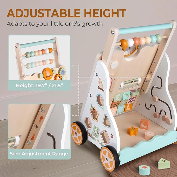 Baby Push Walker, Wooden Baby Walker with Wheels, Montessori Activity Center for 1 Year Old Boys Girls, Adjustable Speed & Height Push Toy for Toddlers, Educational Gift for Ages 1+ Kids Development