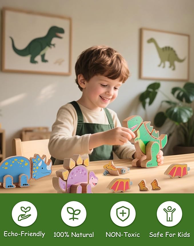 SainSmart Jr. Wooden Snap Together Building Toy, 4 Pcs Dinosaur Take Apart Toys, Montessori Toys for Toddler Developmental Learning - Ideal Gift for Boys and Girls