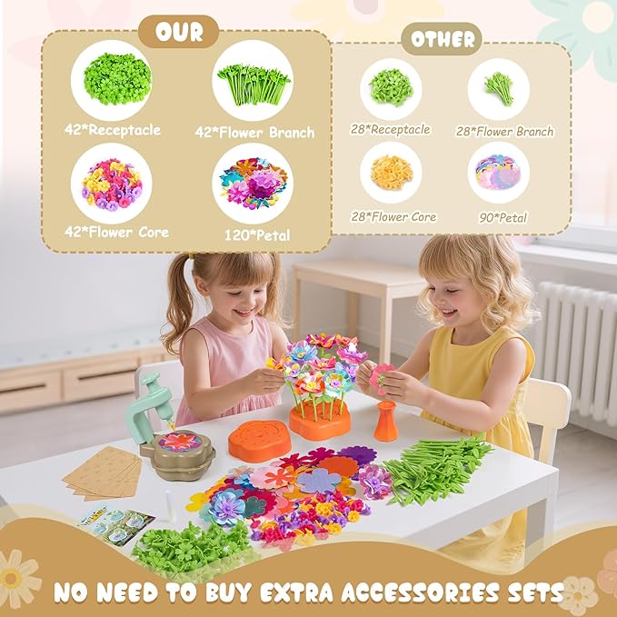 DIY Art Flower Toys Include Extra Accessories Set, Arts and Crafts Activity Kit for Kids Ages 3-12, Fabric Bouquet Craft for Toddler, Birthday Gifts for 3 4 5 6 7 8 9 10 11 12 Year Old Girls