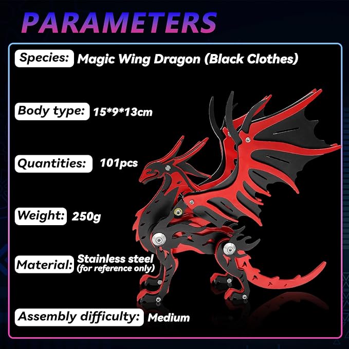 3D Metal Puzzles,3D Metal Puzzle for Adults,Mechanical Model Kit Magic Wing Dragon Black Clothes,Steel 3D Puzzles Stainless Steel Ornaments for Adults Home Decor Art Craft Gifts Toys.