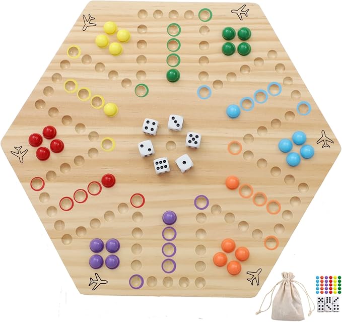 HOROW Wahoo Board Game Wooden Original Board Game 15 inch Classic 2 Side Painted Fast Track Game for 4 Player and 6 Player with 30 Marbles,6 Dices for Family Game Night