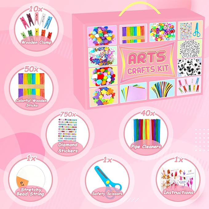 2000 PCS Arts and Crafts Supplies for Kids All-in-1 Craft Kit with Pipe Cleaners Craft Box Set DIY Crafting Supply School Supplies Toys Gifts for Girls Boys Ages 4-6, 6-8, 8-12, Pink
