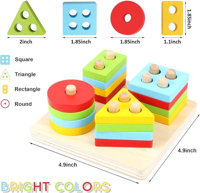 WOOD CITY Wooden Montessori Sorting & Stacking Toys for Toddlers 1 2 3 Year Old, Educational Shape Color Recognition Puzzle Stacker, Development & Learning Toys Boys Girls