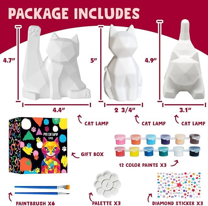 Goody King Paint Your Own Cat Lamp Kit 3pcs,DIY Cat Crafts Night Light, Arts & Crafts for Kids Ages 8-12, Painting Kit for Girls Boys Age 4 5 6 7 8+, Art Supplies Creative Gift for Birthday, Party
