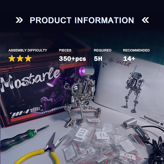 Mostarle Terminator M 3D Metal Puzzle, Arcynix DIY Mechanical Robot Model Kit, Sci-Fi Design LED Light Feature Unique Gift for Adults & Teenager (Orange)