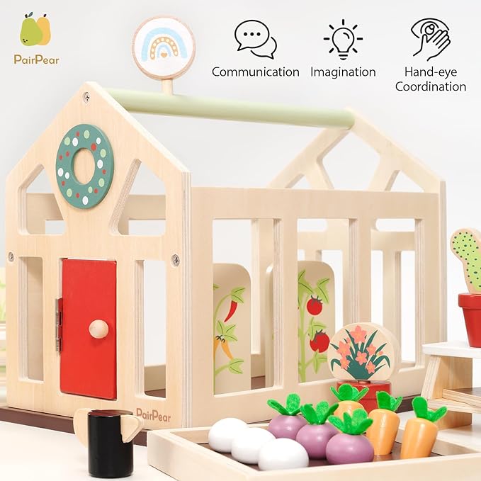 PairPear Dollhouse Furnitures Flower Garden Toy Greenhouse Playset,Toddlers Wooden Toys Dollhouse Garden Toys,Pretend Play Food Set for Girls Boys 3 Years and Up
