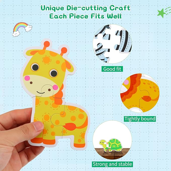 FLYINGSEEDS 6 Packs Safari Animals Shaped Wooden Jigsaw Puzzles for Toddlers Ages 1-3, Level-up Puzzles for Beginner, Montessori Learning Toys Preschool Educational Activity for Kids Ages 2-5